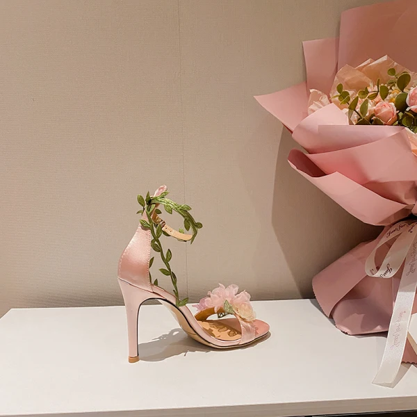 Sexy Rougissant Rose Appliques Promo Sandales Femme 2024 Cuir Bride Cheville 10 cm Talons Aiguilles Peep Toes / Bout Ouvert Sandales Talons Hauts