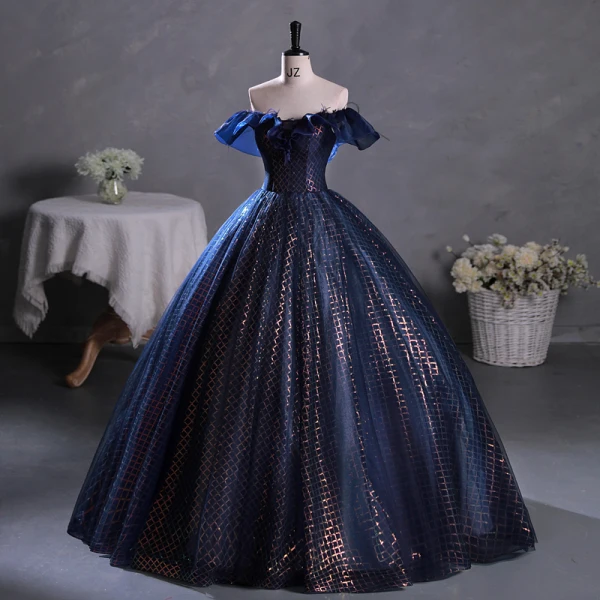 Vintage / Originale Bleu Marine Paillettes Robe De Bal 2023 Robe Boule De l'épaule Gland Sans Manches Dos Nu Longue Promo Robe De Ceremonie
