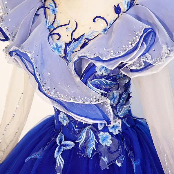 Vintage / Retro Royal Blue Sequins Lace Flower Prom Dresses 2023 V-Neck 1/2 Sleeves Backless Floor-Length / Long Prom Formal Dresses
