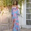 Confortable Bleu Été Vacances Plage Impression Robes longues 2022 Princesse Bretelles Spaghetti Manches Longues Dos Nu Fendue devant Longue Femme Robes