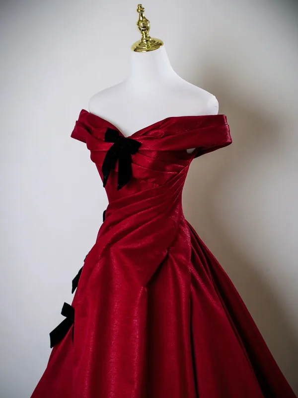 Elegant Burgundy Bow Prom Dresses 2025 Ball Gown Off-The-Shoulder Short Sleeve Backless Sweep Train Formal Dresses