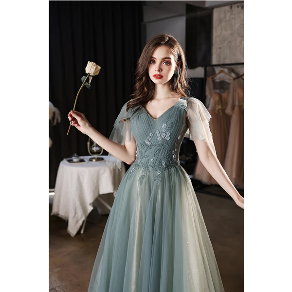 Chic / Beautiful Green Beading Sequins Prom Dresses 2022 A-Line / Princess V-Neck Short Sleeve Backless Floor-Length / Long Formal Dresses