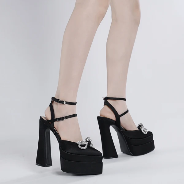 Fashion Mint Green Satin Rhinestone Bow Evening Party Womens Sandals 2023 Ankle Strap 14 cm Stiletto Heels Pointed Toe Sandals High Heels