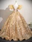 Scintillantes Champagne Perlage Paillettes En Dentelle Fleur Robe De Bal 2025 Robe Boule Encolure Dégagée Sans Manches Dos Nu Longue Promo Robe De Ceremonie