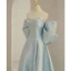 Fashion Sky Blue Satin Prom Dresses 2023 A-Line / Princess Off-The-Shoulder Bow Short Sleeve Backless Sweep Train Formal Dresses