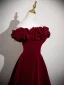 Vintage / Retro Burgundy Velvet Prom Dresses 2025 Ball Gown Ruffle Off-The-Shoulder Short Sleeve Backless Floor-Length / Long Formal Dresses