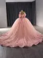 Flower Fairy Luxury / Gorgeous Blushing Pink Pearl Lace Flower Prom Dresses 2024 Ball Gown Off-The-Shoulder Short Sleeve Backless Chapel Train Prom Formal Dresses