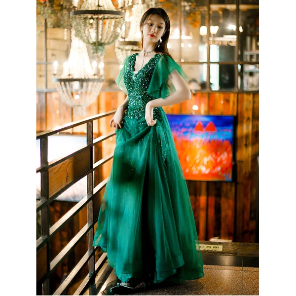 Chic / Belle Vert Foncé Perlage Faux Diamant Paillettes Robe De Bal 2022 Princesse V-Cou Manches Courtes Dos Nu Longue Promo Robe De Ceremonie