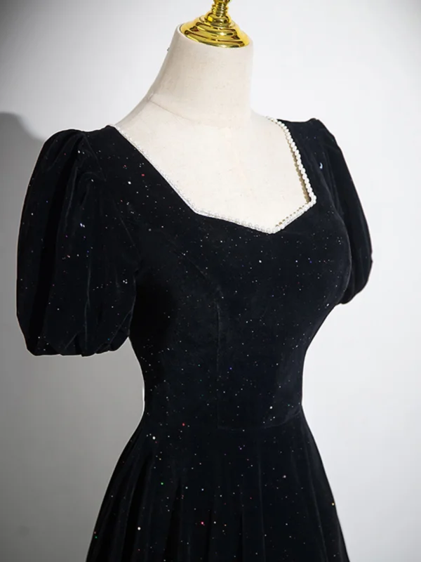 Elegant Black Glitter Prom Dresses 2024 A-Line / Princess Square Neckline Short Sleeve Backless Floor-Length / Long Formal Dresses
