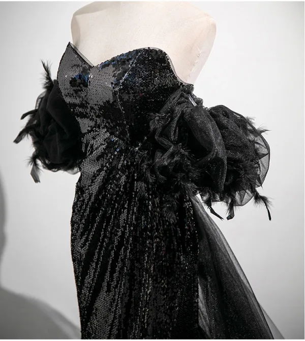 Scintillantes Noire Gland Paillettes Fendue devant Robe De Soirée 2025 Trompette / Sirène De l'épaule Manches Courtes Dos Nu Train De Balayage Robe De Ceremonie