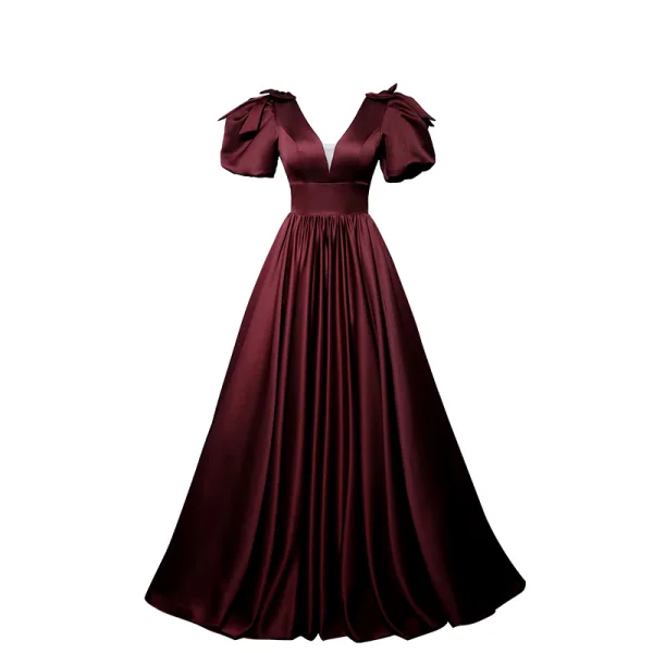 Vintage Purple Satin Balklänningar 2022 Prinsessa V-Hals Pösigt Korta ärm Halterneck Rosett Långa Formella Klänningar