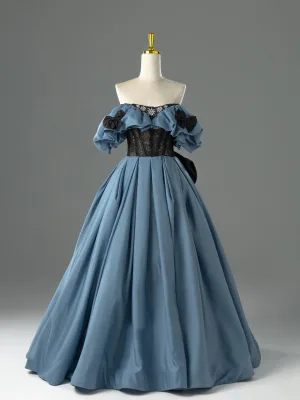Élégant Océan Bleu En Dentelle Fleur Faux Diamant Robe De Bal 2026 Robe Boule De L Épaule Manches Courtes Dos Nu Noeud Longue Robe De Ceremonie