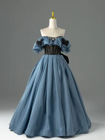 Elegant Ocean Blue Lace Flower Rhinestone Prom Dresses 2026 Ball Gown Off The Shoulder Short Sleeve Backless Bow Floor Length Long Formal Dresses