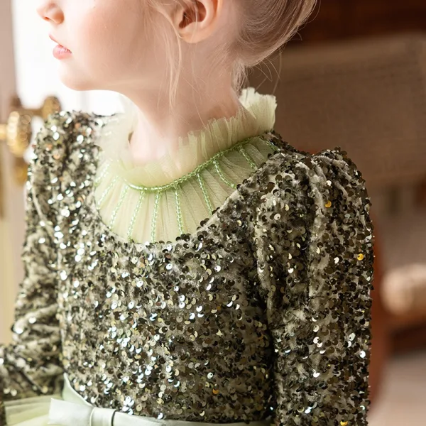 Sparkly Sage Green Cascading Ruffles Sequins Birthday Flower Girl Dresses 2024 A-Line / Princess High Neck Long Sleeve Bow Sash Floor-Length / Long Flower Girl Dresses