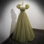 Chic / Beautiful Clover Green Pearl Sequins Prom Dresses 2023 A-Line / Princess Strapless Short Sleeve Backless Bow Floor-Length / Long Prom Formal Dresses