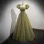 Modest / Simple Clover Green Pearl Sequins Prom Dresses 2022 A-Line / Princess Strapless Short Sleeve Backless Floor-Length / Long Prom Formal Dresses