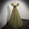 Chic / Beautiful Clover Green Pearl Sequins Prom Dresses 2023 A-Line / Princess Strapless Short Sleeve Backless Bow Floor-Length / Long Prom Formal Dresses