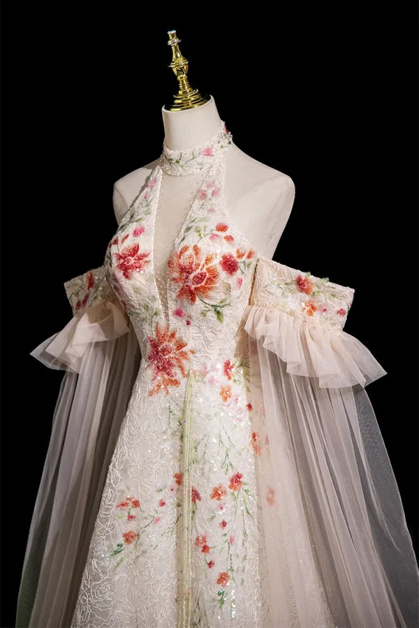 Élégant Champagne Perlage Gland Paillettes En Dentelle Fleur Robe De Bal 2025 Princesse Col Haut Manches Courtes Dos Nu Longue Robe De Ceremonie