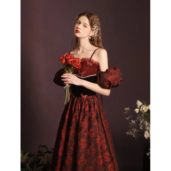 Modern / Fashion Burgundy Lace Butterfly Printing Evening Dresses 2023 A-Line / Princess Spaghetti Straps Sleeveless Pearl Rhinestone Backless Floor-Length / Long Evening Party