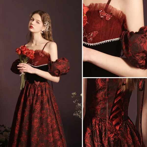 Modern / Fashion Burgundy Lace Butterfly Printing Evening Dresses 2023 A-Line / Princess Spaghetti Straps Sleeveless Pearl Rhinestone Backless Floor-Length / Long Evening Party
