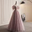 Charmant Dunkel Rosa Glanz Perlenstickerei Pailletten Ballkleider 2023 A Linie Off Shoulder Kurze Ärmel Rückenfreies Lange Ball Festliche Kleider