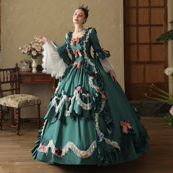 Couture Medieval Vintage / Retro Gothic Dark Green Appliques Lace Flower Bow Prom Dresses 2024 Ball Gown Square Neckline Bell sleeves Floor-Length / Long Couture Medieval Vintage / Retro Gothic Dark Green Appliques Lace Flower Bow Prom Dresses 2024 Ball Gown Square Neckline Bell sleeves Floor-Length / Long
