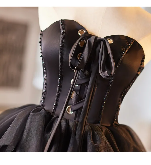 Charming Black Cascading Ruffles Asymmetrical Prom Dresses Cocktail Dresses 2024 A-Line / Princess Strapless Sleeveless Backless Cocktail Party