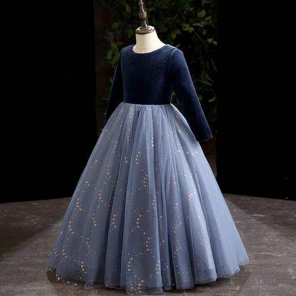 Vintage / Retro Sky Blue Suede Flower Girl Dresses 2022 Ball Gown Scoop Neck Sequins Long Sleeve Floor-Length / Long Prom Flower Girl Dresses