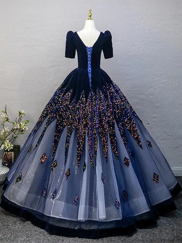 Elegant Navy Blue Sequins Prom Dresses 2025 Ball Gown V-Neck Short Sleeve Backless Floor-Length / Long Prom Formal Dresses