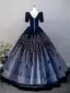 Elegant Navy Blue Sequins Prom Dresses 2025 Ball Gown V-Neck Short Sleeve Backless Floor-Length / Long Prom Formal Dresses