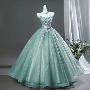 Onirique Vert Citron Perlage Appliques En Dentelle Fleur Robe De Bal 2026 Robe Boule Bustier Sans Manches