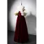 Elegant Burgundy Pearl Velvet Prom Dresses 2024 A-Line / Princess Ruffle Off-The-Shoulder Short Sleeve Backless Floor-Length / Long Prom Formal Dresses
