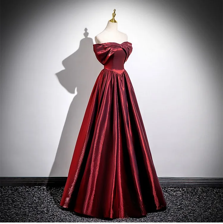 pastel yellow a line dress Elegant Strapless Burgundy Prom Dress with Pockets, A-Line Floor Length Gown main image 1