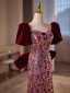 Scintillantes Bordeaux Paillettes Fleur Robe De Bal 2024 Trompette / Sirène Encolure Carrée Manches Courtes Dos Nu Noeud Train De Balayage Promo Robe De Ceremonie
