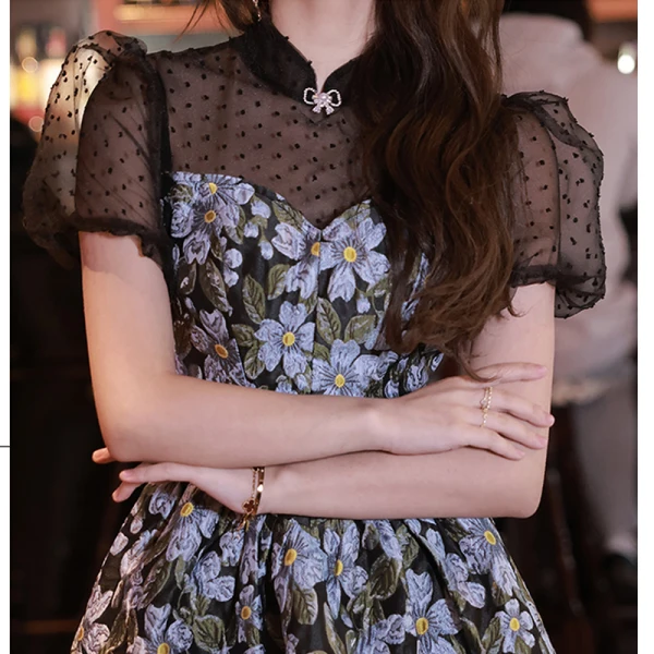 Fashion Black Spotted Printing Short Homecoming Graduation Dresses 2023 A-Line / Princess High Neck Short Sleeve Formal Dresses