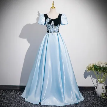 Élégant Bleu Ciel En Dentelle Fleur Robe De Bal 2025 Princesse Encolure Carrée Gonflée Manches Courtes Dos Nu Longue Robe De Ceremonie