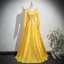 Vintage / Retro Yellow Rhinestone Lace Flower Prom Dresses 2025 A-Line / Princess V-Neck Long Sleeve Backless Floor-Length / Long Prom Formal Dresses