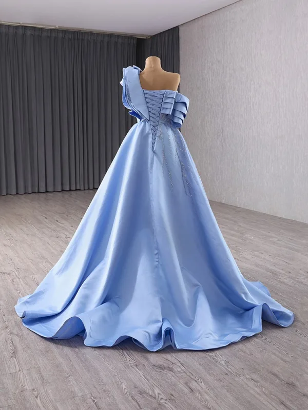 Haut de Gamme Mode Bleu Ciel Perlage Paillettes Robe De Bal 2024 Princesse Une épaule Sans Manches Dos Nu Train De Balayage Promo Robe De Ceremonie