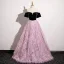 Classy Blushing Pink Tassel Ball Gown Prom Dresses 2025 Off-The-Shoulder Short Sleeve Backless Floor-Length / Long Prom Formal Dresses