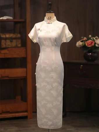 Chinese Style White Printing Silk Evening Party Cheongsam 2024 Trumpet Mermaid High Neck Short Sleeve Tea Length