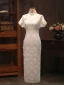 Chinese style White Printing Silk Evening Party Cheongsam 2024 Trumpet / Mermaid High Neck Short Sleeve Tea-length