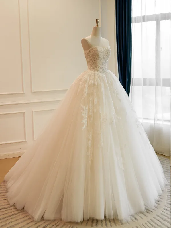 Elegant White Lace Flower Ball Gown Wedding Dresses 2026 Strapless Sleeveless Backless Floor-Length / Long Wedding