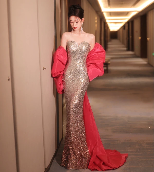Sparkly Sexy Gold Sequins Evening Dresses  2024 Trumpet / Mermaid Strapless Sleeveless Backless Floor-Length / Long Evening Party Formal Dresses