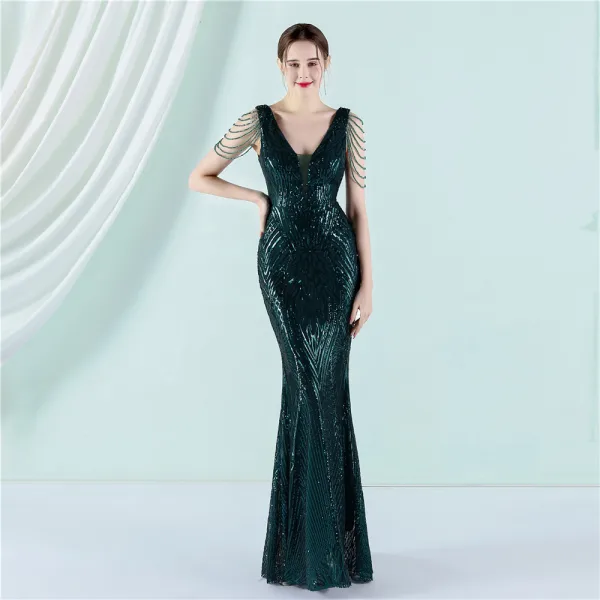 Sparkly Black Sequins Evening Dresses 2022 Trumpet / Mermaid V-Neck Beading Sleeveless Floor-Length / Long Evening Party Formal Dresses