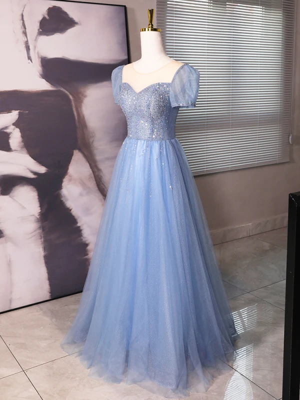 Bling Bling Bleu Ciel Perlage Paillettes Robe De Bal 2024 Princesse Encolure Carrée Manches Courtes Dos Nu Longue Promo Robe De Ceremonie