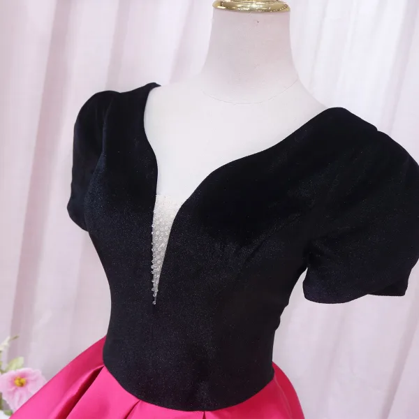 Vintage / Retro Ethnic Fuchsia Beading Prom Dresses 2024 Ball Gown Scoop Neck Floor-Length / Long Polyester Backless Prom Short Sleeve Formal Dresses
