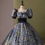 Vintage / Retro Ocean Blue Printing Prom Dresses 2024 Ball Gown Square Neckline Short Sleeve Backless Floor-Length / Long Prom Formal Dresses
