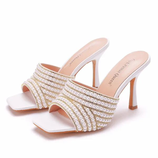 Sexy White Evening Party Pearl Rhinestone Summer Womens Sandals 2023 9 cm Stiletto Heels Open / Peep Toe Sandals High Heels