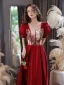 Chic / Beautiful Burgundy Printing Graduation Dresses 2022 A-Line / Princess Homecoming Square Neckline Short Sleeve Backless Floor-Length / Long Formal Dresses