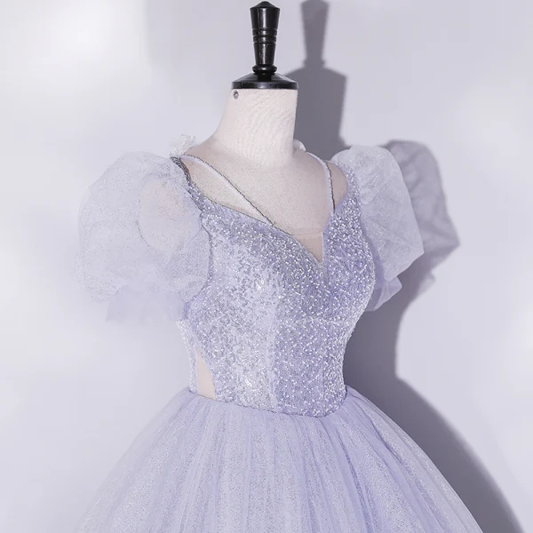 Chic / Beautiful Sky Blue Beading Sequins Prom Dresses 2022 Ball Gown Scoop Neck Short Sleeve Puffy Backless Floor-Length / Long Prom Formal Dresses